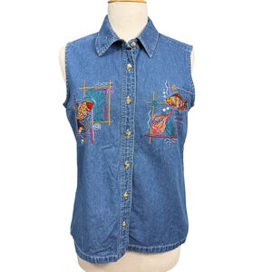 Vintage 90s Cabin Creek Sleeveless Denim Button Up Shirt Embroidered Fish